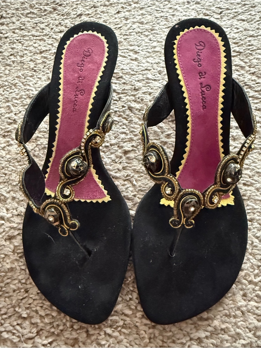 Embellished Black Thong Sandals with Magenta Insole